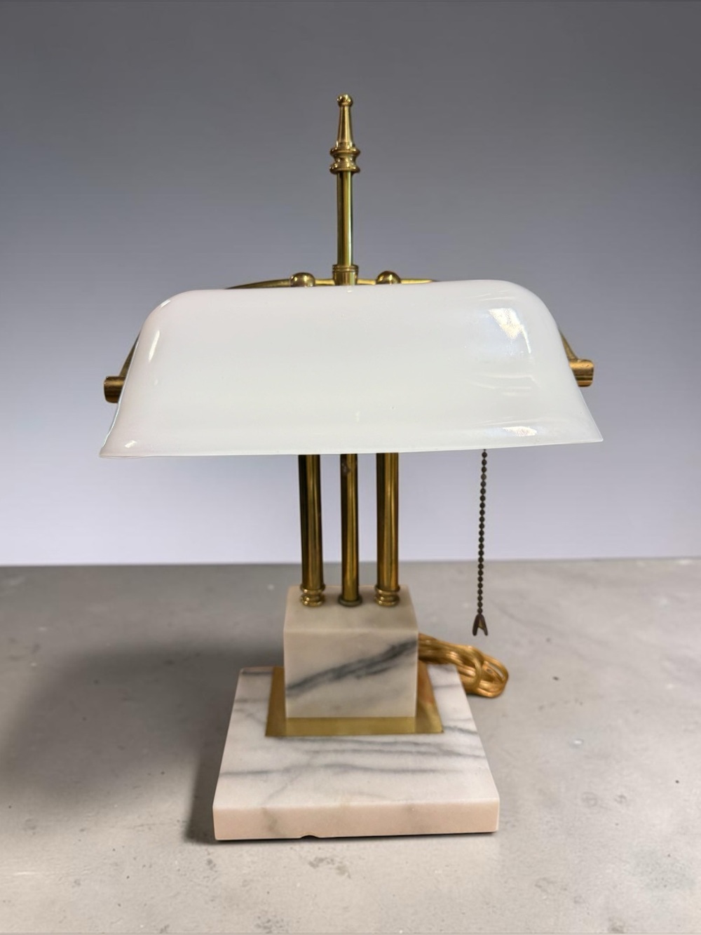 Vintage Brass Triple-Post Banker's Desk Lamp w/ Marble Base & White Glass Shade